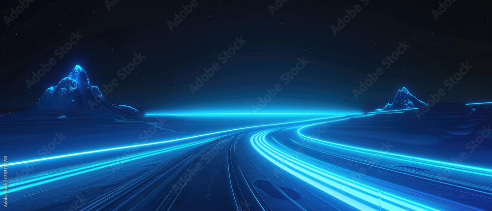 Minimalist futuristic art simple curve blue light lines Mountain with city skyline meta Universe Straight blue glowing road in the center on dark background created with Generative AI Technology