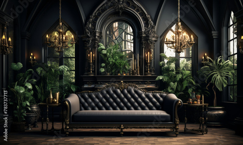 Elegant Gothic Living Room in Classic Baroque Castle Interior