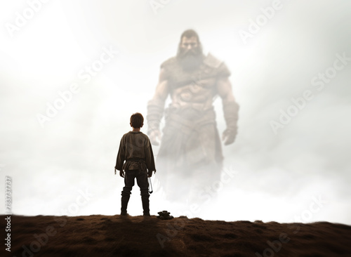 David and Goliath. Bible story of young Shepherd boy defeating a giant Warrior with a small pebble and slingshot. Facing your fears concept. David rear view face off Goliath in the misty background. 