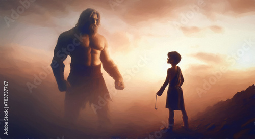 Oil Painting illustration of David and Goliath. Bible story of young Shepherd boy defeating a giant Warrior with a simple stone and slingshot. Triumph concept. Sunset vibrant background battlefield. © ana