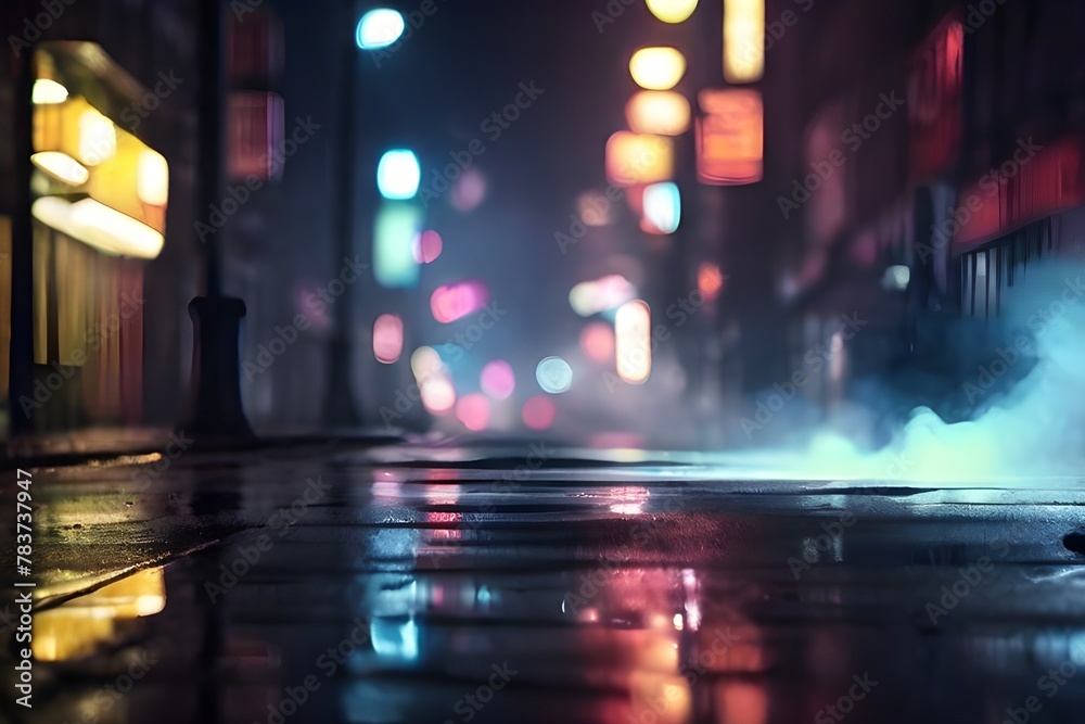 Wet asphalt, reflection of neon lights, a searchlight, smoke. Abstract light in a dark empty street with smoke, smog. Dark background scene of empty street, night view, night Generative AI