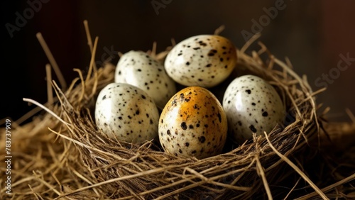  Nestled in the nest a clutch of speckled eggs