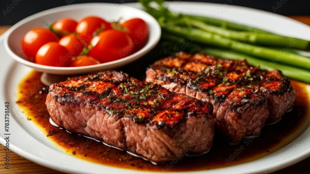  Deliciously grilled steak with a side of fresh tomatoes and green beans