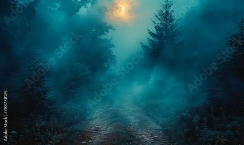 Eerie Nightfall Mist Enveloping the Winding Trail Through the Gloomy Woodland