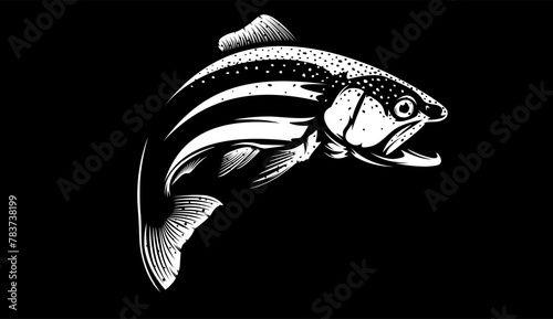 Rainbow trout jumping out water.Salmon isolated on white background. Concept art for horoscope, tattoo or colouring book.