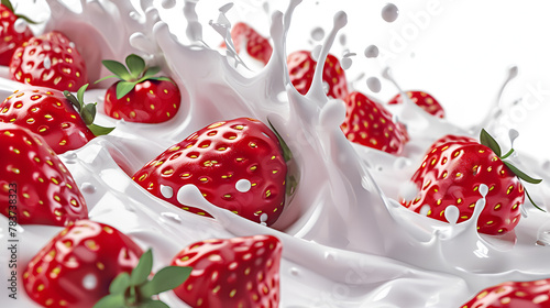 Milk or Yogurt Splash with Strawberries Isolated on White Background
