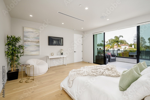 the bedroom features hardwood floors and large windows  including sliding doors