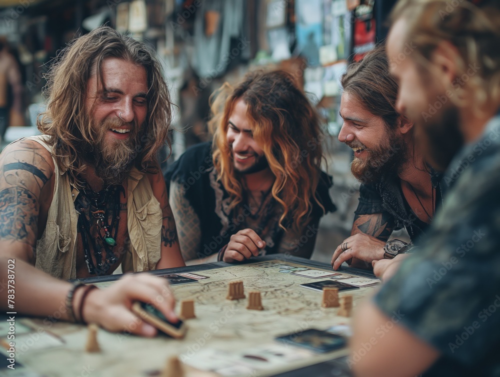A group of bearded men are playing a game of Dungeons and Dragons. They are all smiling and laughing as they play