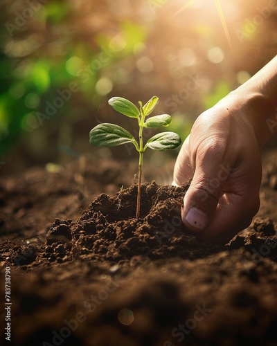 Hands planting a tree, closeup, new beginnings, sunlit earth, hope symbol , no grunge, splash, dust © ontsunan