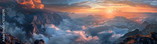Highaltitude viewpoint, clouds below, sunrise spectacle, breathtaking awe , no grunge, splash, dust © ontsunan