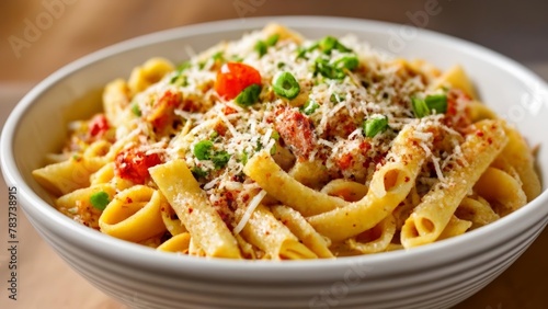  Delicious pasta dish with vibrant toppings and grated cheese