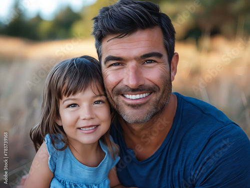 A man and his daughter are smiling in a field.