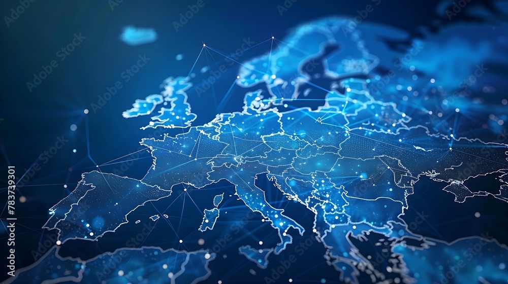 Glowing Printed Circuits Map of Western Europe on Computer Chip: Global Network and Connectivity Glowing Printed Circuits Map of Western Europe on Computer Chip: Global Network and Connectivity