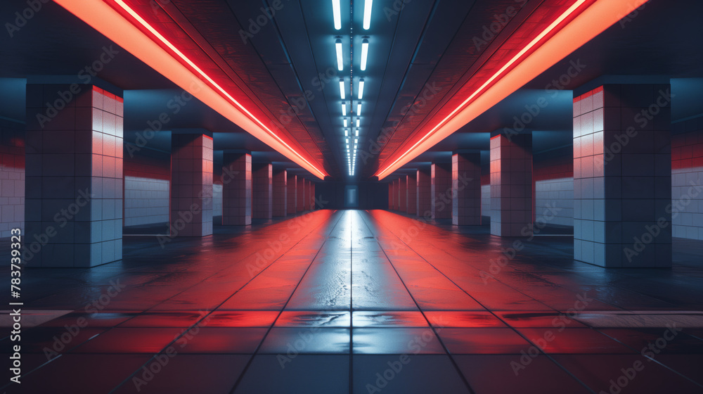 An empty subway station under the futuristic neon lights creates a sense of anticipation and urban exploration