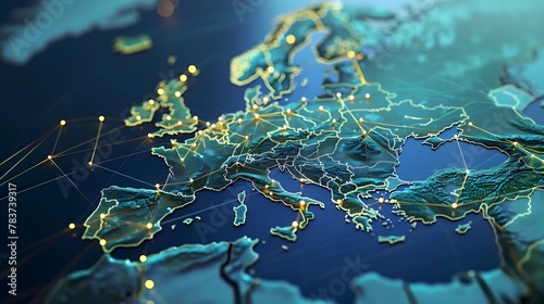 Glowing Printed Circuits Map of Western Europe on Computer Chip: Global Network and Connectivity