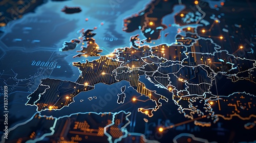 Glowing Printed Circuits Map of Western Europe on Computer Chip: Global Network and Connectivity