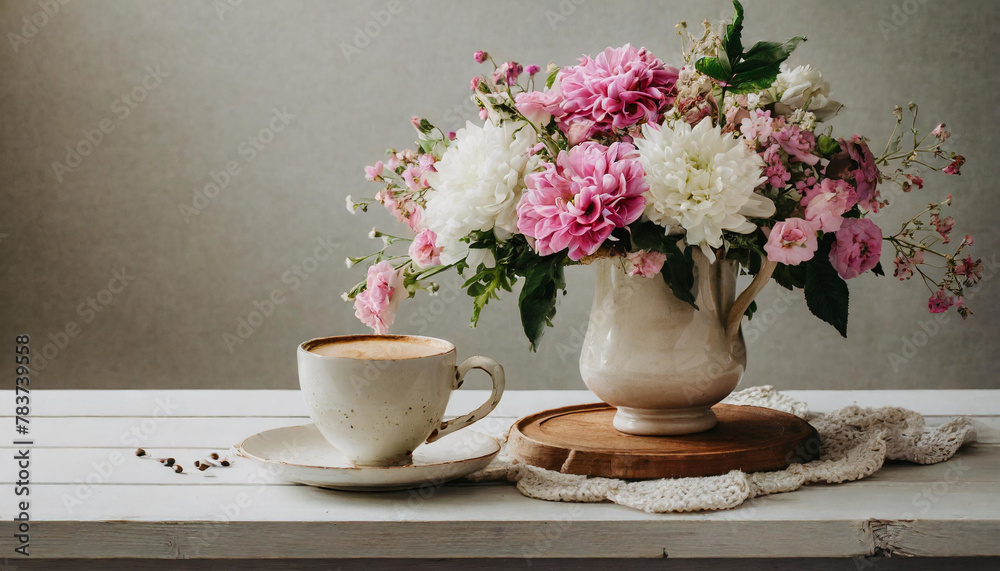 Fototapeta premium still life with flowers, bouquet, drink, pink,
