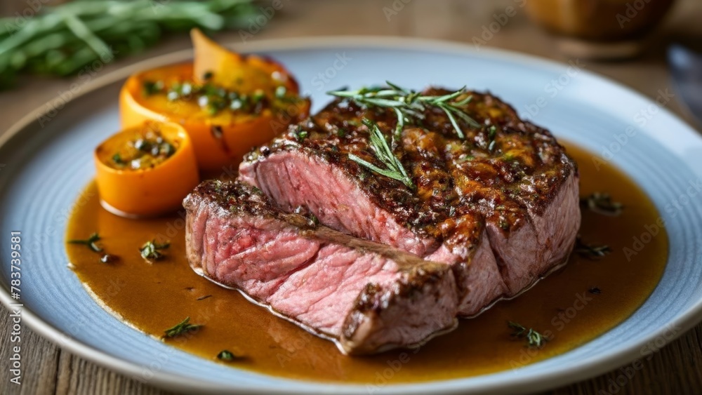 Deliciously cooked steak with a side of roasted vegetables Deliciously cooked steak with a side of roasted vegetables