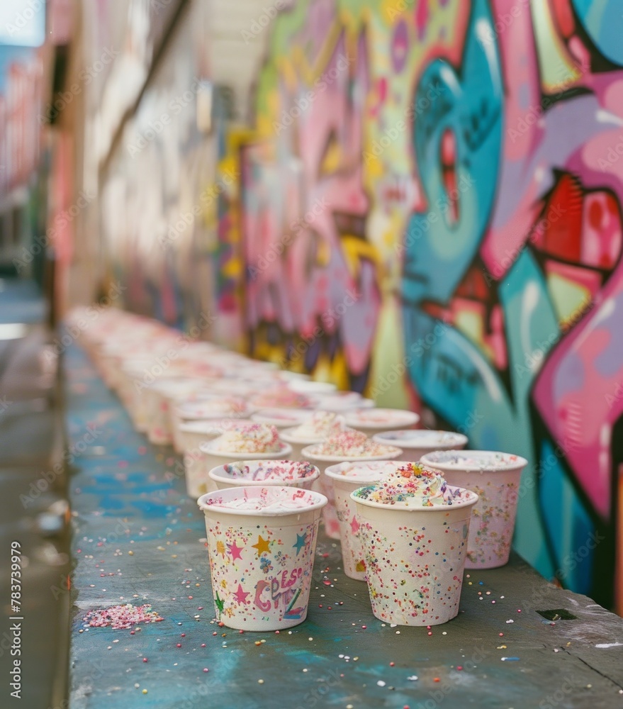 Generated image of the Ice cream in paper cups on the background of colorful graffiti wall.. Pop art.