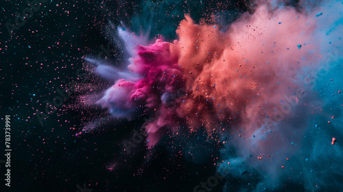 Colorful powder explosion on dark background  colorful dust splash in motion  vibrant color cloud. Bright colors. Photorealistic photography. Vibrant explosion of colored powder on dark background. 