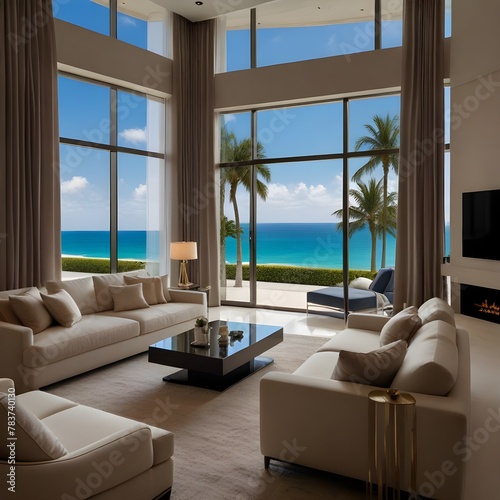 luxurious living room, large window with a beautiful view of the palm beach, generative ai © Niklas
