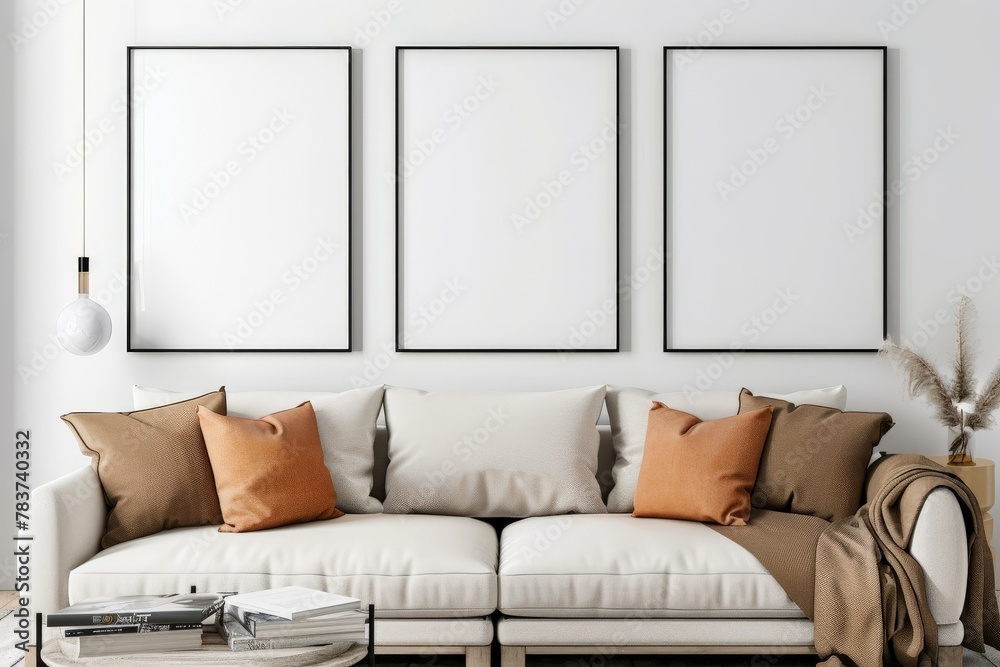 Poster frame mock-up in home interior background with modern sofa and decor in living room, 3d render. Beautiful simple AI generated image in 4K, unique. - obrazy, fototapety, plakaty 