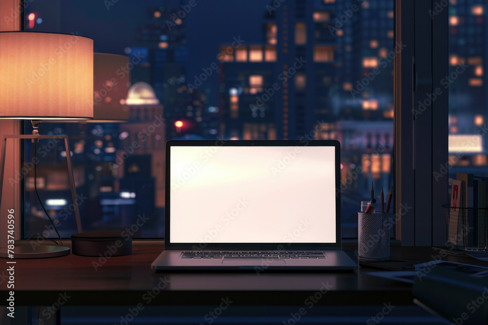 City Night Work Desk with Illuminated Open Laptop and Urban View City Night Work Desk with Illuminated Open Laptop and Urban View