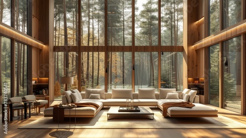 Beautiful modern minimalist living room interior with wooden floors and large floor-to-ceiling windows 