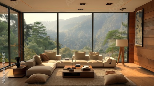 Beautiful modern minimalist living room interior with wooden floors and large floor-to-ceiling windows  © Tatiana