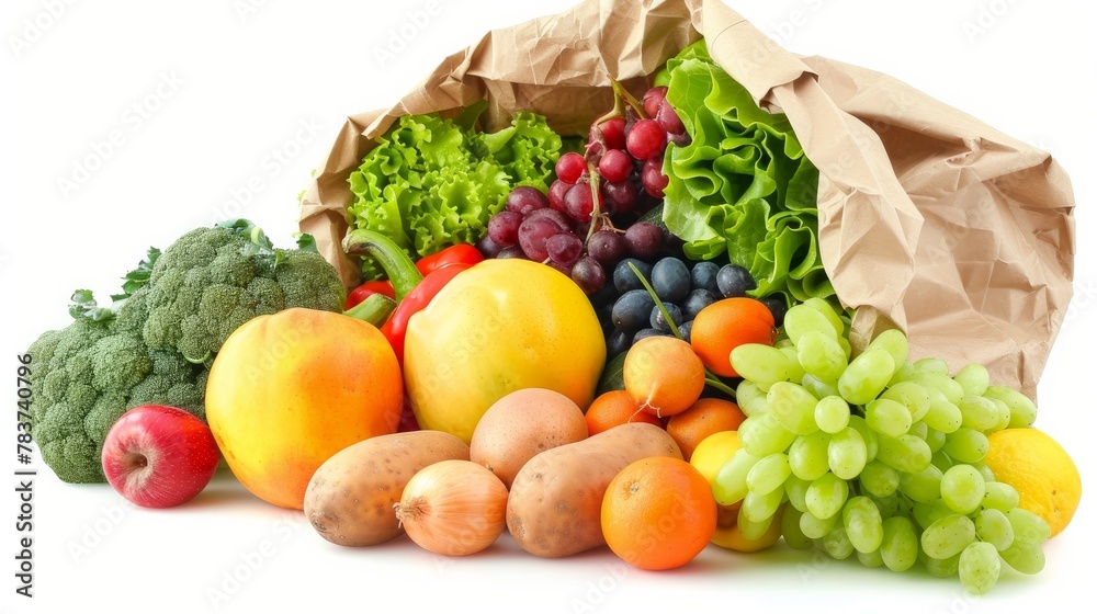 Delicious, fresh fruits and vegetables are coming out of paper bag isolated on white background.