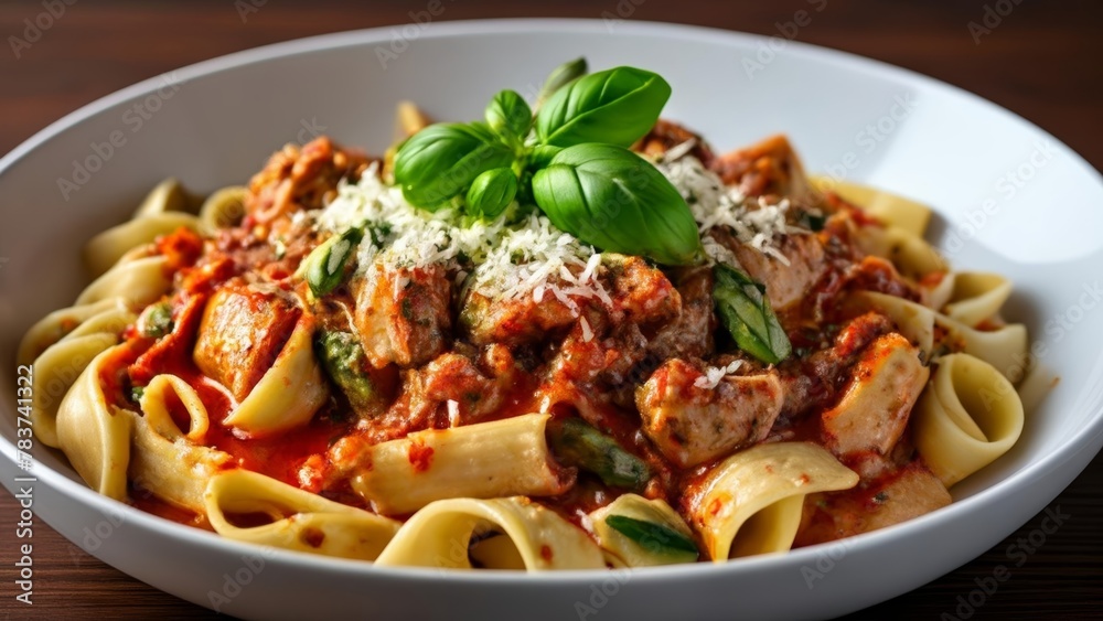  Delicious pasta dish with meat sauce and fresh basil