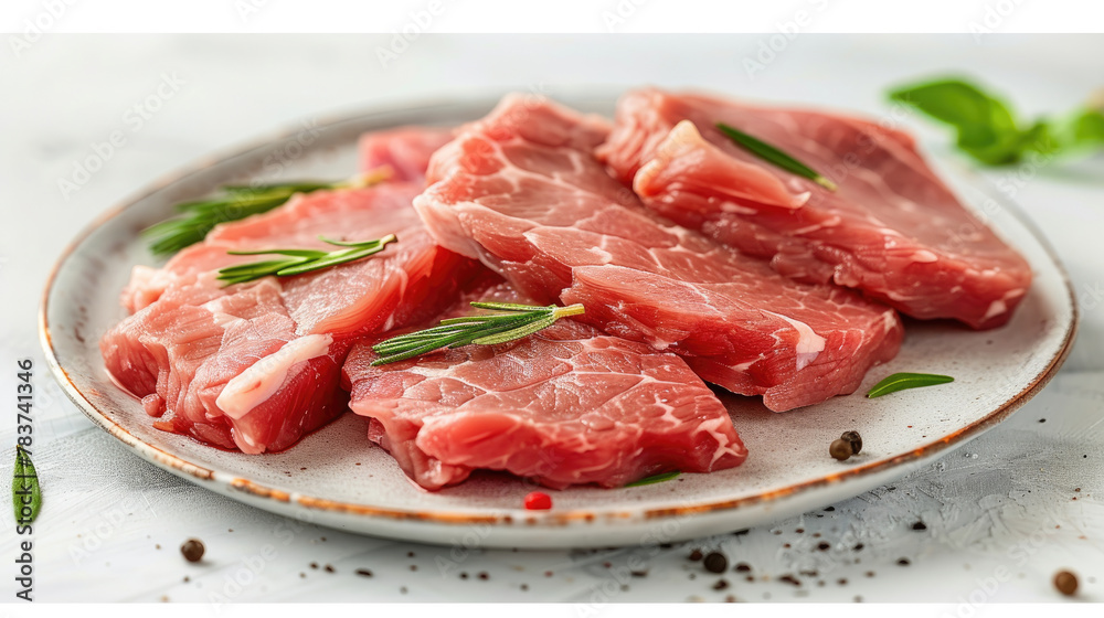 Fresh Raw pork meat slices isolated on white background created with Generative AI Technology