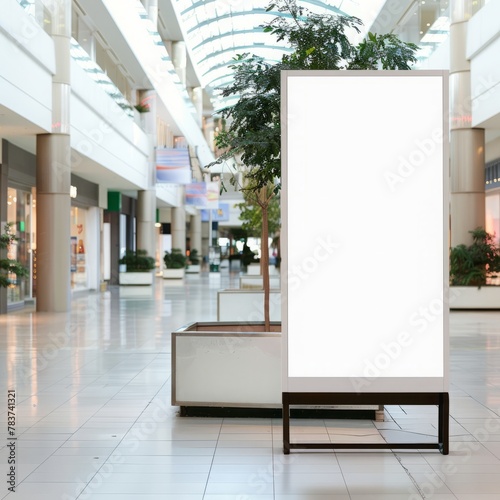 a lifestyle image of a blank advertisement sign placard in a mall