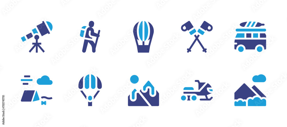 Adventure icon set. Duotone color. Vector illustration. Containing hiking, skipoles, parachute, snowmobile, telescope, mountain, mountains, camp, hotairballoon, van.