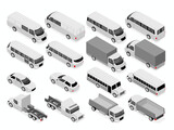 Flat 3d isometric city transport and commercial vehicle icon set. Sedan, bus and school bus, truck, ambulance