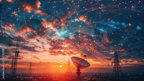 Worldwide Communication, Satellite and other antenna network against beautiful sky at sunset AI generated photo