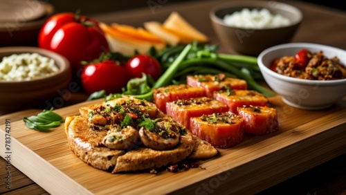  Deliciously arranged appetizers on a wooden board