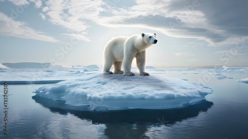 icebear threatened standing alone on floating ice floe sea sky melting arctic climate change, global warming die out