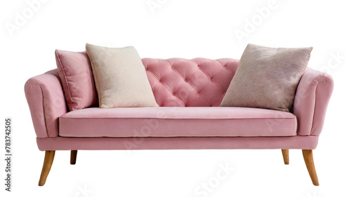A world of comfort, a pink couch with wooden legs on a white background © Priyanka