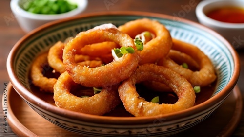  Delicious golden onion rings with a side of dipping sauce