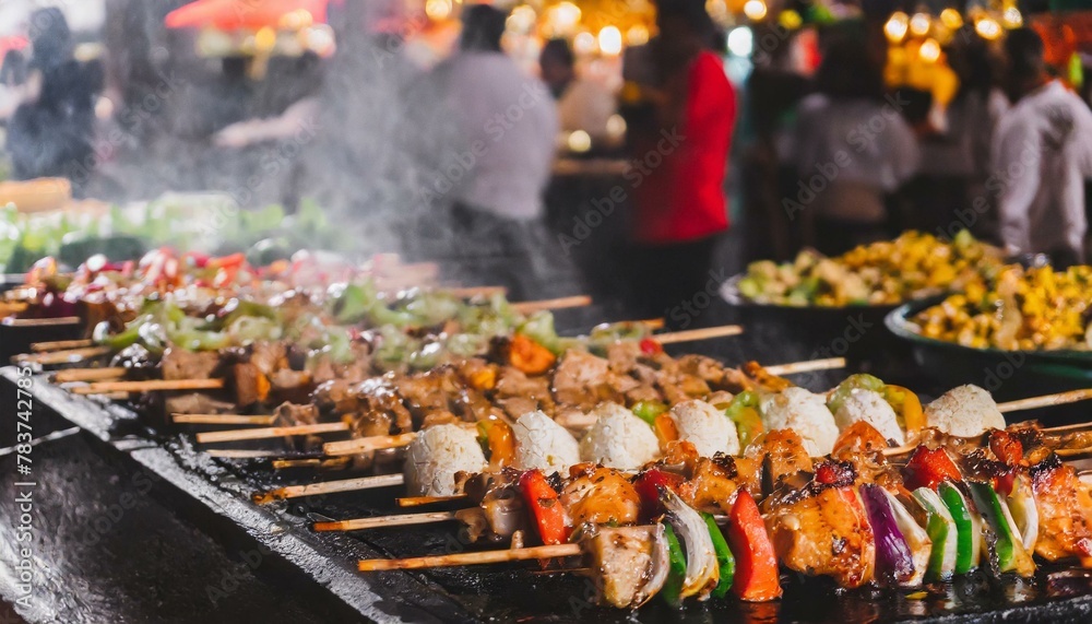 A close-up of a sizzling street food stall in a bustling market, with steaming skewers of me A close-up of a sizzling street food stall in a bustling market, with steaming skewers of me