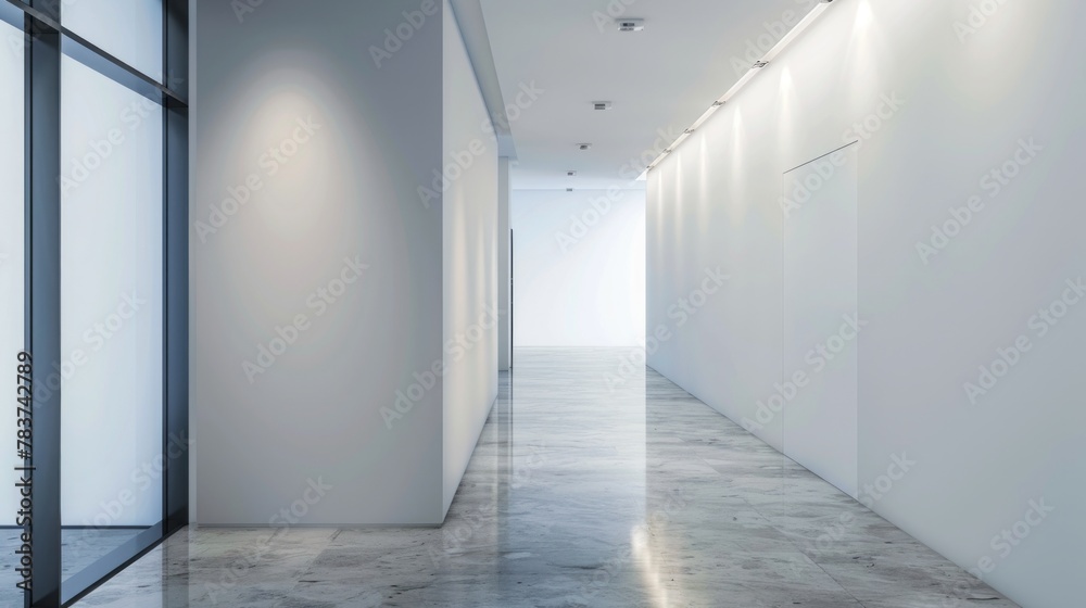 Empty wall in hallway mockup in corporate office interior. Vertical template mock-up for empty wall in interior design