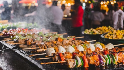 A close-up of a sizzling street food stall in a bustling market, with steaming skewers of me