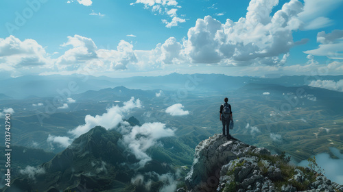Solo traveler with hiking backpack standing and admiring beautiful landscape view from mountain peak with cloudy sunny weather and mountains in the distance created with Generative AI Technology