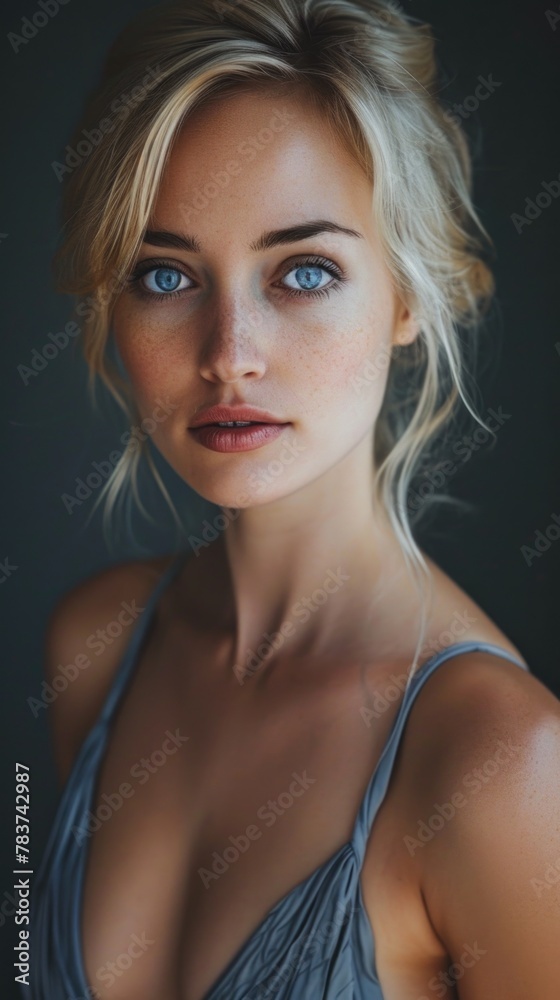Close-up of a beautiful blonde with blue eyes and a gray dress with a deep neckline Close-up of a beautiful blonde with blue eyes and a gray dress with a deep neckline