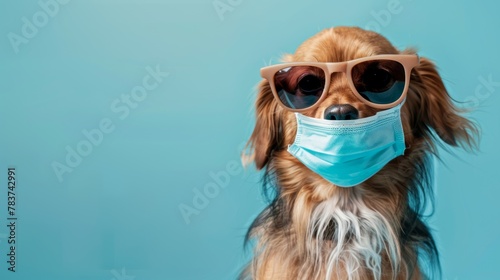 A dog using a mask isolated blue background © Syahrul Zidane A