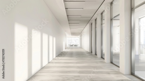 Front view of wide empty white wall in a hallway in a modern office, bright natural light, neutral tones