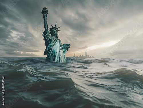 statue of liberty new york underwater flooded, rising high sea level problem, climate change global warming, world downfall