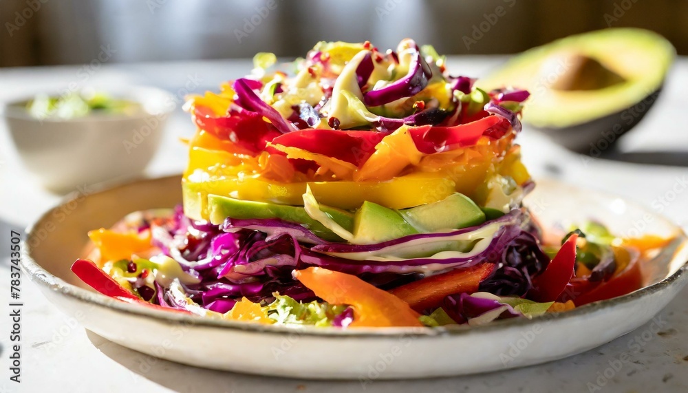 A vegan rainbow salad with layers of red cabbage, bell peppers, mango, and avocado A vegan rainbow salad with layers of red cabbage, bell peppers, mango, and avocado