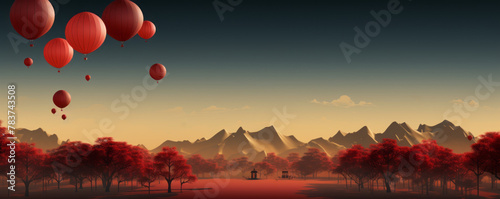 Scenic Landscape with Red Balloons and Autumn Trees suitable for Mid-Autumn Festival China festival background 